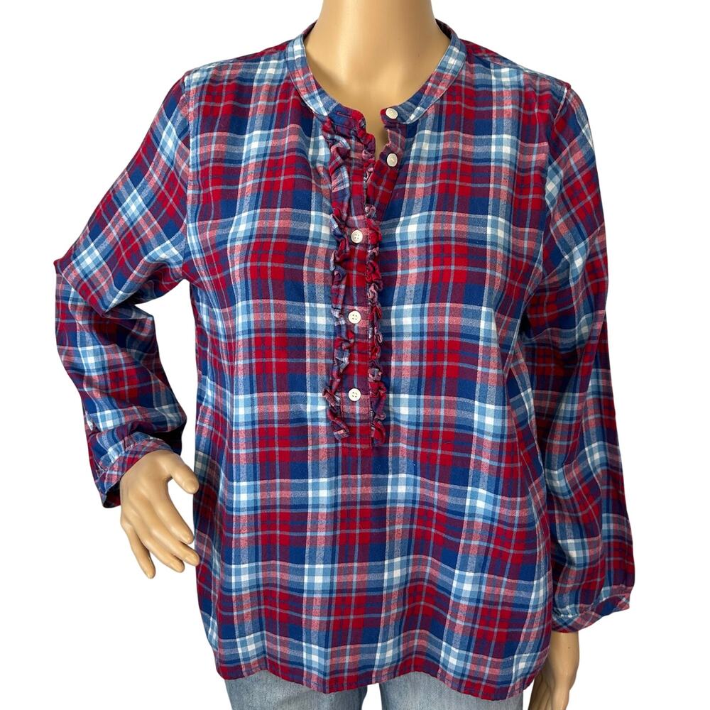 J. Crew Mercantile Ruffle Flannel Shirt Blue Red Plaid J6456 Size M - Picture 2 of 11